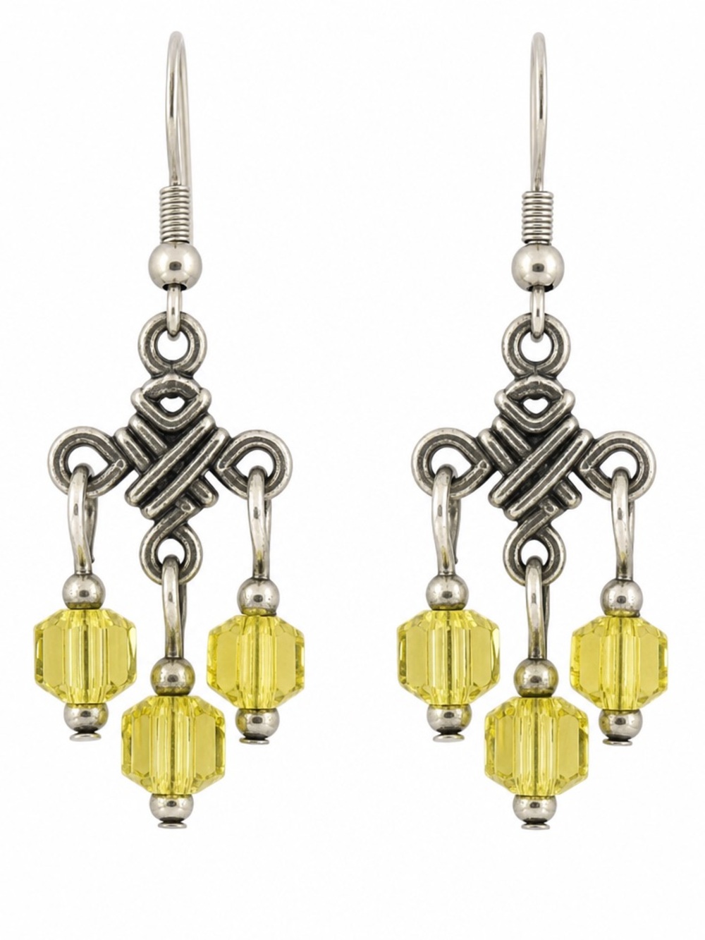 Celtic Knot With Yellow Crystal Cube Bead Chandelier Earrings